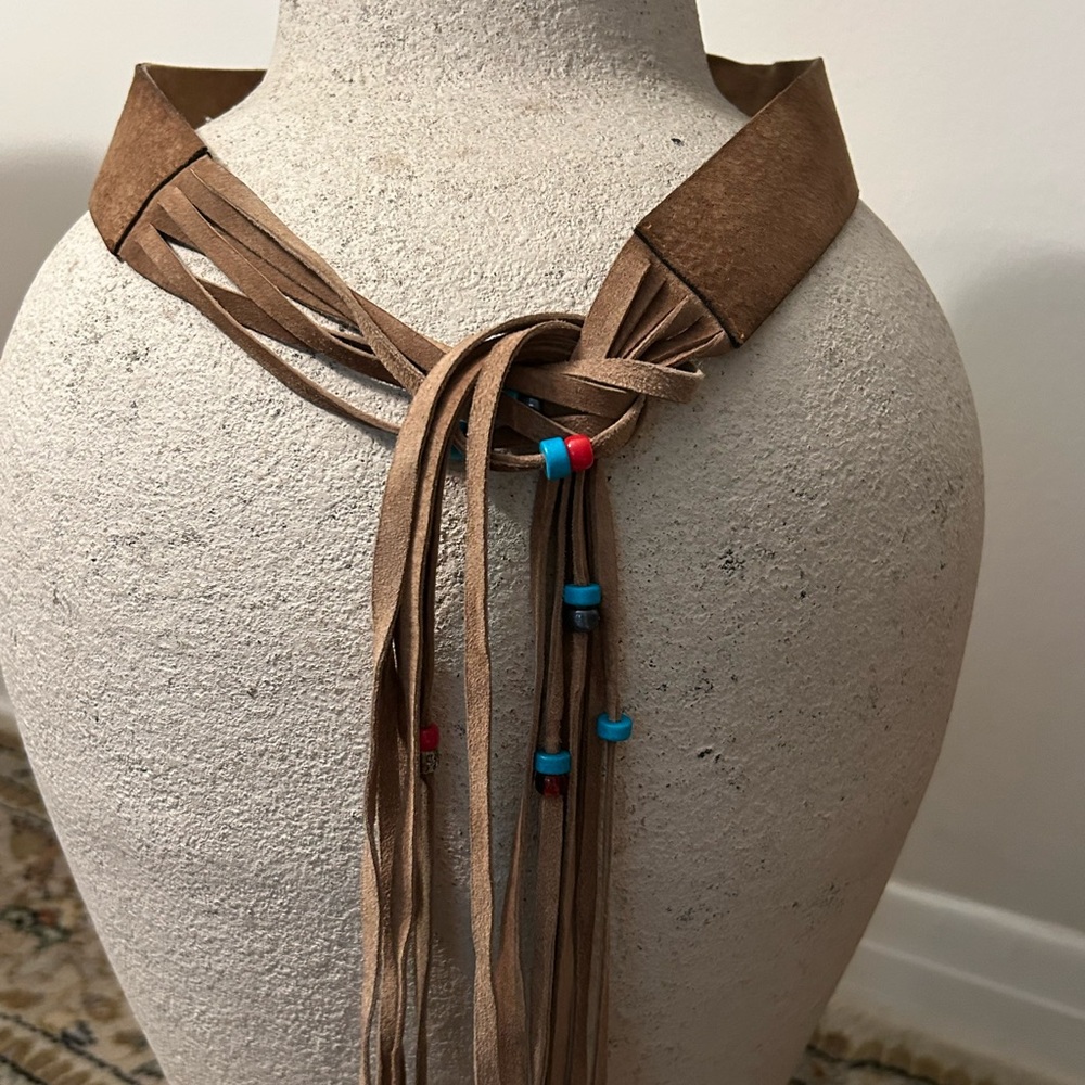 Vintage 80s Boho Hippie Brown Suede Belt w/Fringes